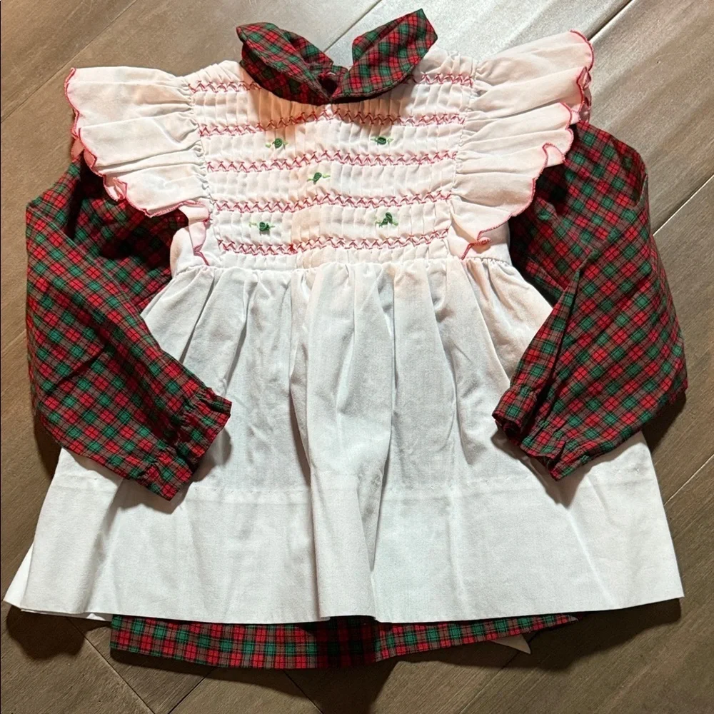 Vintage Handmade Red & Green Plaid Dress with Matching Smocked Pinafore SZ 12M